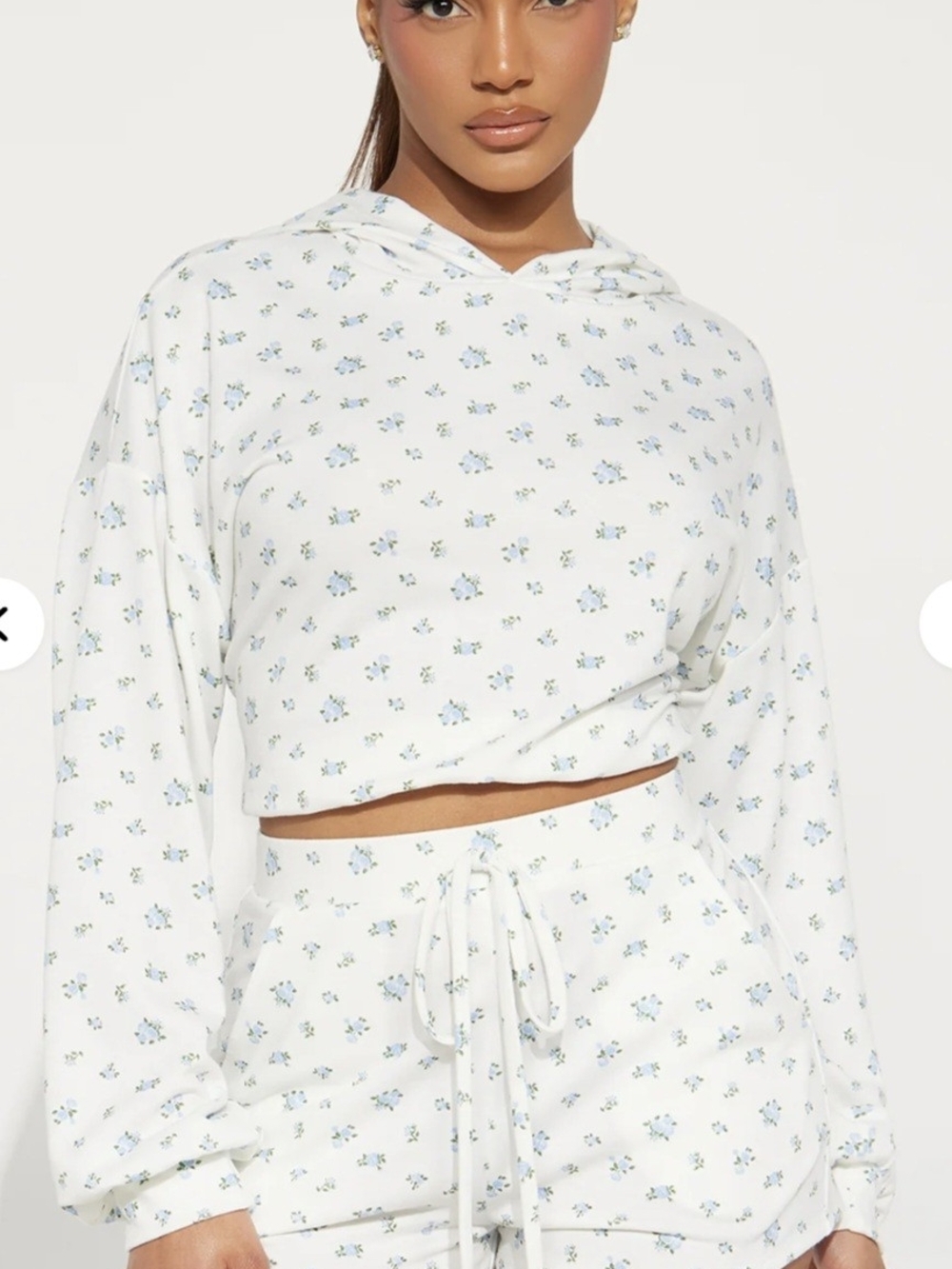 Fashion Nova White Cropped Hoodie & Shorts Lounge Set with Blue Floral Print